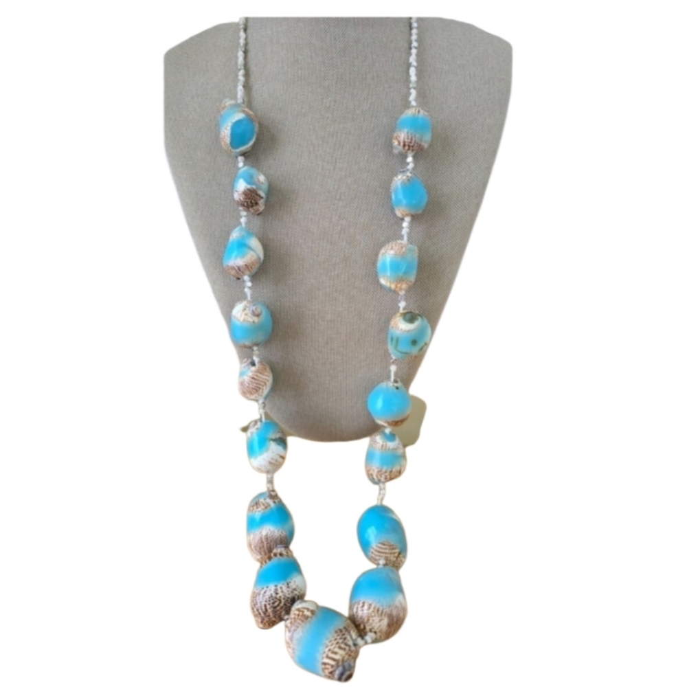 Vintage Chico's Bright Teal and Beige Real Seashell Beaded Statement Necklace